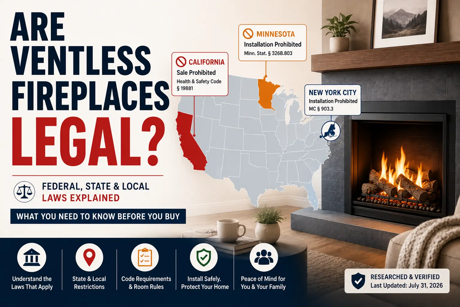 Featured image illustrating whether ventless fireplaces are legal, showing a U.S. map with California, Minnesota, and New York City restrictions alongside a modern gas fireplace.