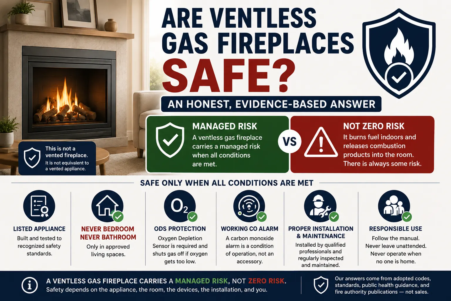 Featured infographic explaining that ventless gas fireplaces carry a managed risk rather than zero risk. The image highlights the essential safety conditions for operation, including a listed appliance, approved living spaces (never bedrooms or bathrooms), an oxygen depletion sensor, a working carbon monoxide alarm, professional installation, regular maintenance, and responsible use.