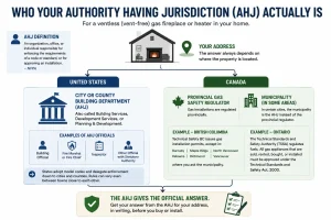 Infographic explaining who the Authority Having Jurisdiction (AHJ) is for a ventless fireplace, comparing U.S. city or county building departments with Canadian provincial gas safety regulators or municipalities responsible for approving gas appliance installations.