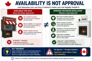 Comparison infographic showing that retail availability of a ventless fireplace in Canada does not mean it is approved for legal indoor installation. The image contrasts purchasing a product with obtaining Canadian approval for lawful installation.