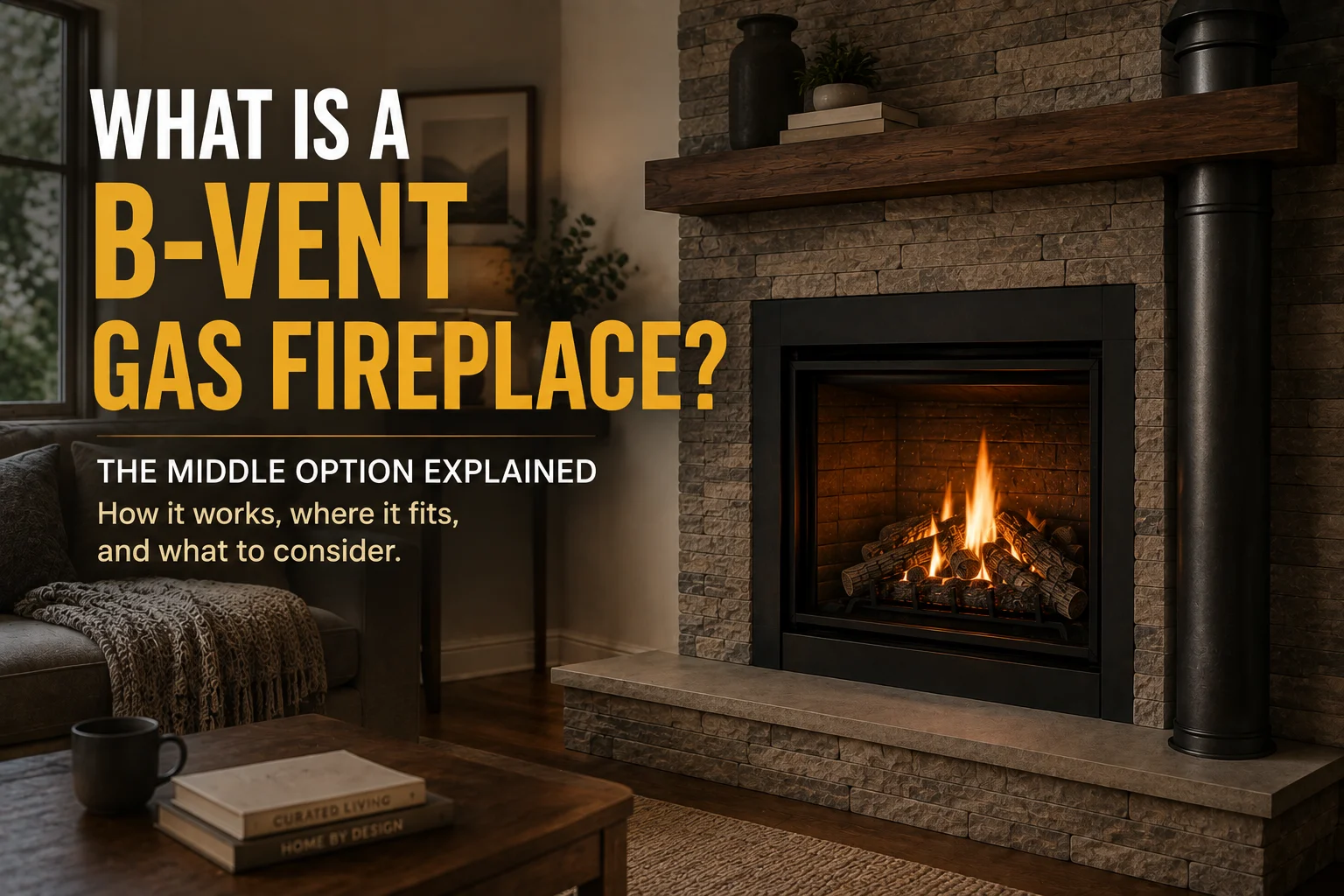 B-vent gas fireplace with a vertical flue in a living room