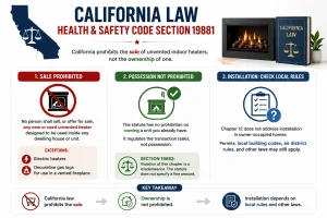 Infographic explaining California Health and Safety Code Section 19881, showing that California prohibits the sale of unvented indoor heaters but does not prohibit ownership of an existing unit. Installation may still be subject to local building codes and permits.