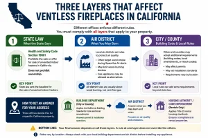 Infographic explaining the three regulatory layers that affect ventless fireplaces in California, including state law, local air district rules, and city or county building requirements, along with the offices responsible for answering installation questions.