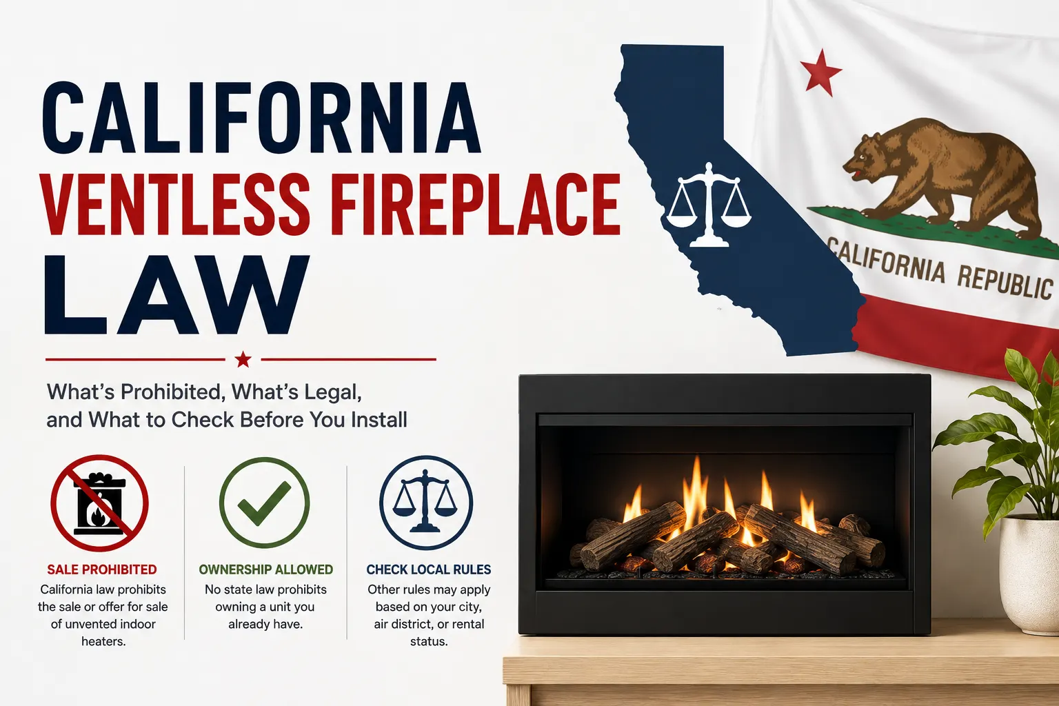 Featured image illustrating California ventless fireplace law, highlighting that California prohibits the sale of unvented indoor heaters while ownership and local installation rules depend on state law, local codes, and property type.