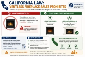 Infographic explaining California's law prohibiting the sale of most indoor ventless fireplaces and unvented heaters, including exceptions for electric heaters and decorative gas logs used in vented fireplaces.