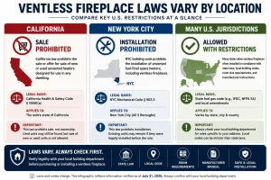 Comparison infographic showing ventless fireplace laws in California, New York City, and most other U.S. states, highlighting sales prohibitions, installation bans, and areas where installation is allowed with restrictions.
