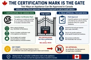Infographic comparing Canadian gas appliance certification and field approval, showing that certification is the standard approval pathway while field approval is a limited, site-specific process. The graphic emphasizes that without either pathway, there is no lawful indoor installation route.