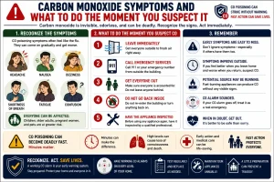 Educational infographic explaining the common symptoms of carbon monoxide exposure and the immediate emergency steps to take. It shows how to recognize possible carbon monoxide poisoning, leave the building immediately, call emergency services, avoid re-entering the building, and have the fuel-burning appliance inspected before it is used again.