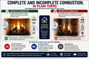 Educational infographic comparing complete and incomplete combustion in a ventless gas appliance. It explains that complete combustion with adequate oxygen mainly produces carbon dioxide and water vapor, while incomplete combustion can produce carbon monoxide, nitrogen dioxide, and fine particles. The infographic also explains that because a ventless appliance has no flue, combustion by-products remain inside the room.