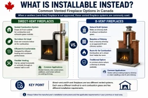 Comparison infographic showing Direct-Vent and B-Vent gas fireplaces as two common vented fireplace systems in Canada, explaining their venting methods, combustion air sources, installation characteristics, and typical applications.