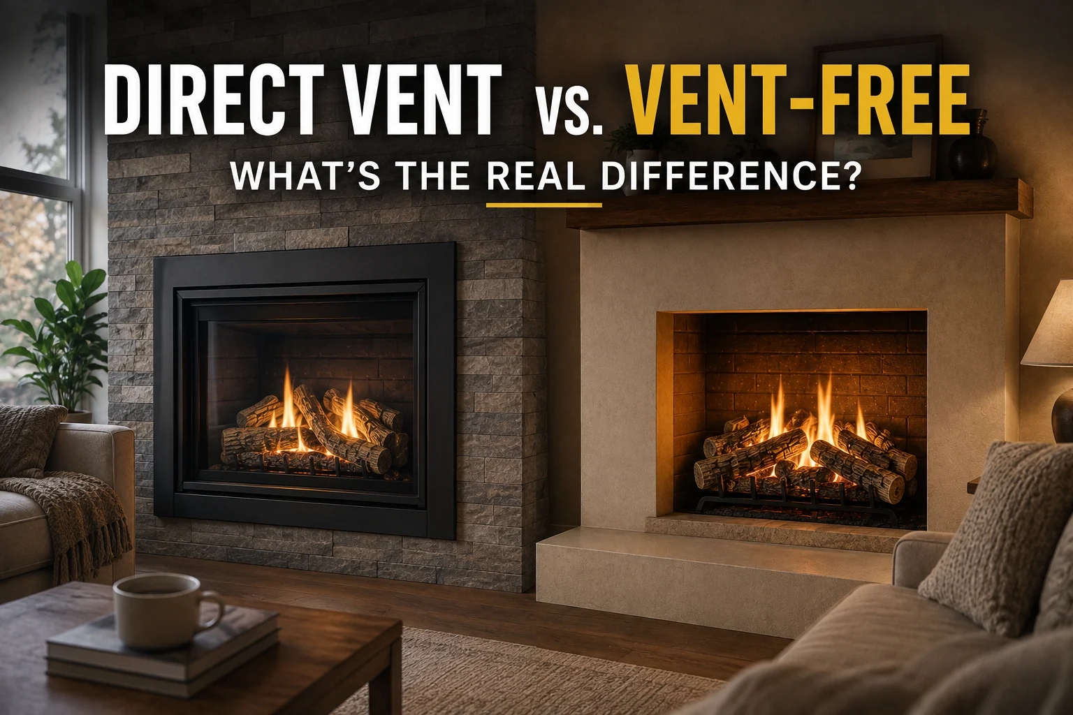 Direct vent and vent-free gas fireplaces compared in a living room