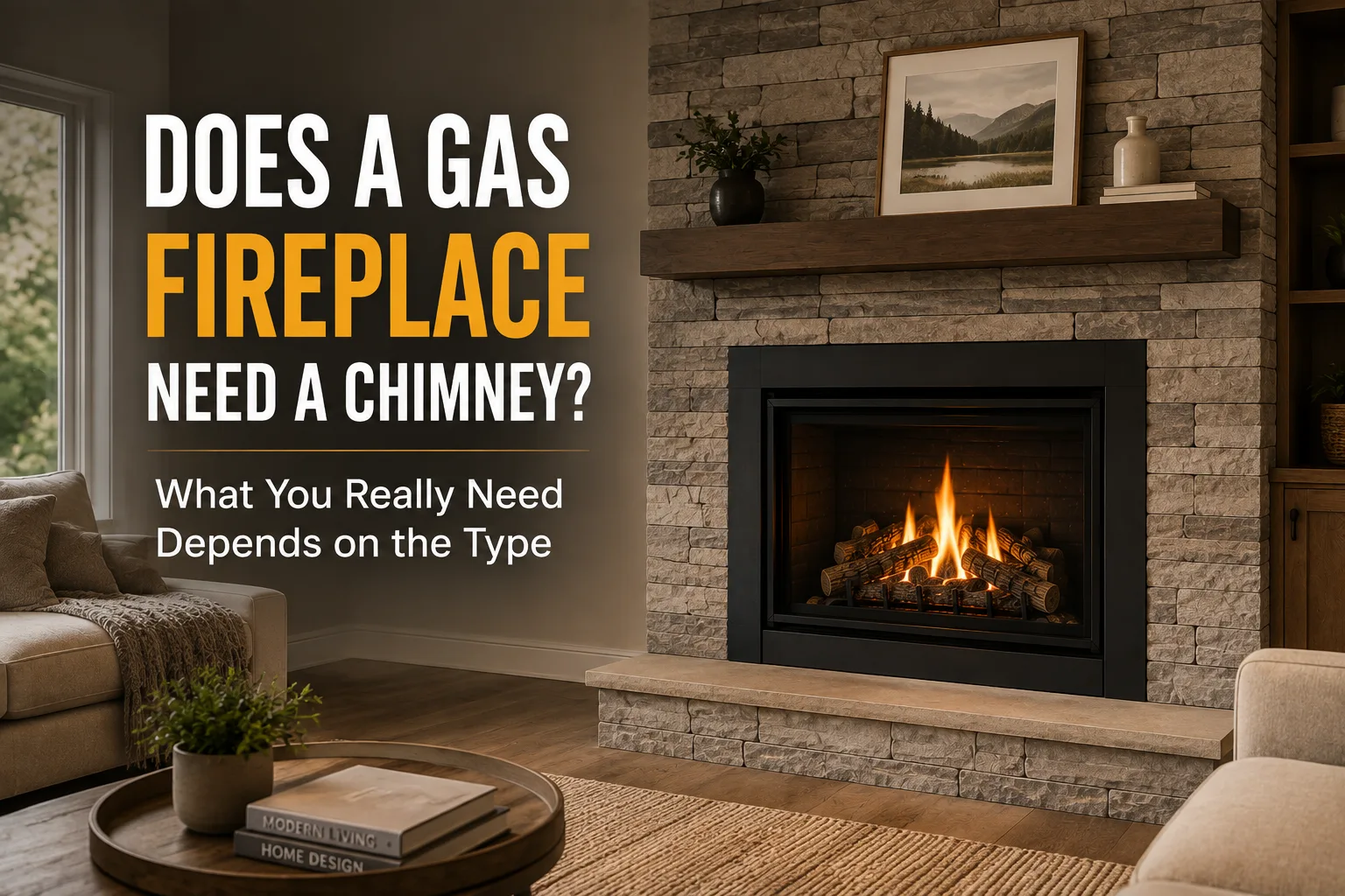 Gas fireplace in a living room illustrating whether a chimney is required