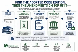 Workflow infographic explaining how to identify the building code that applies to a ventless fireplace installation by finding the adopted code edition, reviewing local amendments, checking local ordinances, and confirming the final enforceable requirements for a specific address.