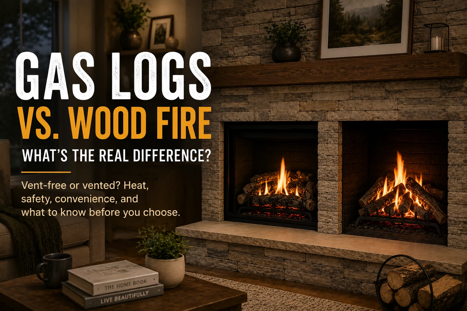 Gas log fireplace and wood-burning fireplace compared in a living room