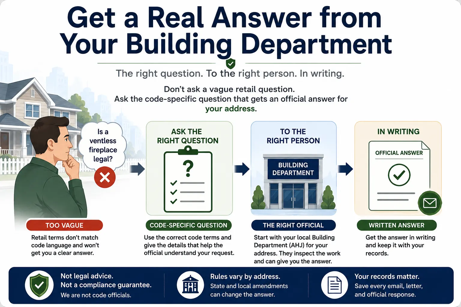 Infographic showing how to get an official answer about a ventless fireplace by asking the right code-specific question to the local building department and getting the response in writing.