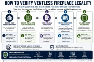 Infographic showing the five-step process for verifying ventless fireplace legality by contacting the building department, confirming the adopted fuel gas code, checking local amendments, reviewing manufacturer installation instructions, and verifying permit requirements.