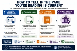 Infographic showing a four-step checklist for verifying whether a ventless fireplace legality article is current by checking the publication or review date, cited sources, code edition, and local jurisdiction before relying on the information.