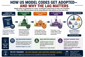 Infographic explaining how U.S. model building codes are published on a regular revision cycle while states, counties, and cities adopt new code editions on different schedules. It shows how staggered adoption can result in neighboring jurisdictions enforcing different code editions and producing different legal answers at the same time.