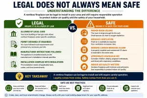 Infographic comparing legal compliance and safe operation for ventless fireplaces, showing that building code approval does not automatically guarantee safe indoor use.