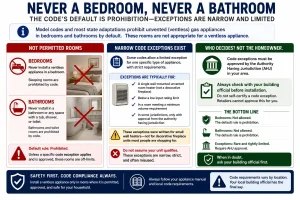 Educational infographic explaining that ventless gas appliances are generally prohibited in bedrooms and bathrooms, illustrating the limited code exceptions for certain wall-mounted unvented room heaters and emphasizing that approval must come from the local Authority Having Jurisdiction (AHJ), not the homeowner.