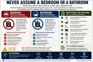 Infographic explaining that ventless fireplaces should never be assumed to be permitted in bedrooms or bathrooms. The image outlines room restrictions, manufacturer installation requirements, local building code verification, and the need for written approval before installation.