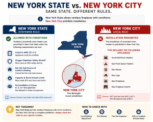 Infographic comparing New York State and New York City ventless fireplace regulations, showing that the state allows ventless heaters under specific conditions while New York City prohibits installation.