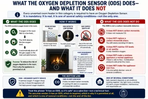 Educational infographic explaining what an Oxygen Depletion Sensor (ODS) does in an unvented room heater. The graphic shows that the ODS monitors room oxygen and automatically shuts off the gas supply when oxygen becomes too low, while emphasizing that it does not detect carbon monoxide, replace a carbon monoxide alarm, or make the appliance risk-free.