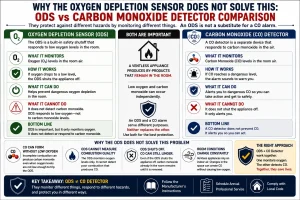Educational infographic comparing an Oxygen Depletion Sensor (ODS) with a carbon monoxide (CO) detector in a ventless gas appliance. It explains that an ODS monitors oxygen levels and responds to low oxygen, while a CO detector monitors carbon monoxide. The infographic emphasizes that the two devices serve different purposes and neither replaces the other.