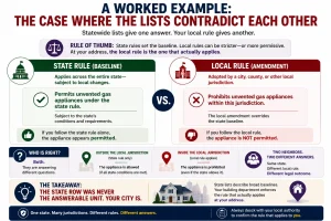 Infographic comparing state building code baselines with local amendments to explain why statewide ventless fireplace legality lists can conflict with local rules. It illustrates that the applicable answer depends on the rule enforced by the local jurisdiction rather than a statewide summary.