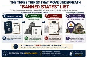 Infographic explaining the three moving parts behind ventless fireplace legality: model code text, adoption of a code edition, and local amendments. The diagram shows how these three layers combine to determine the final answer for a specific address rather than relying on a statewide "banned states" list.