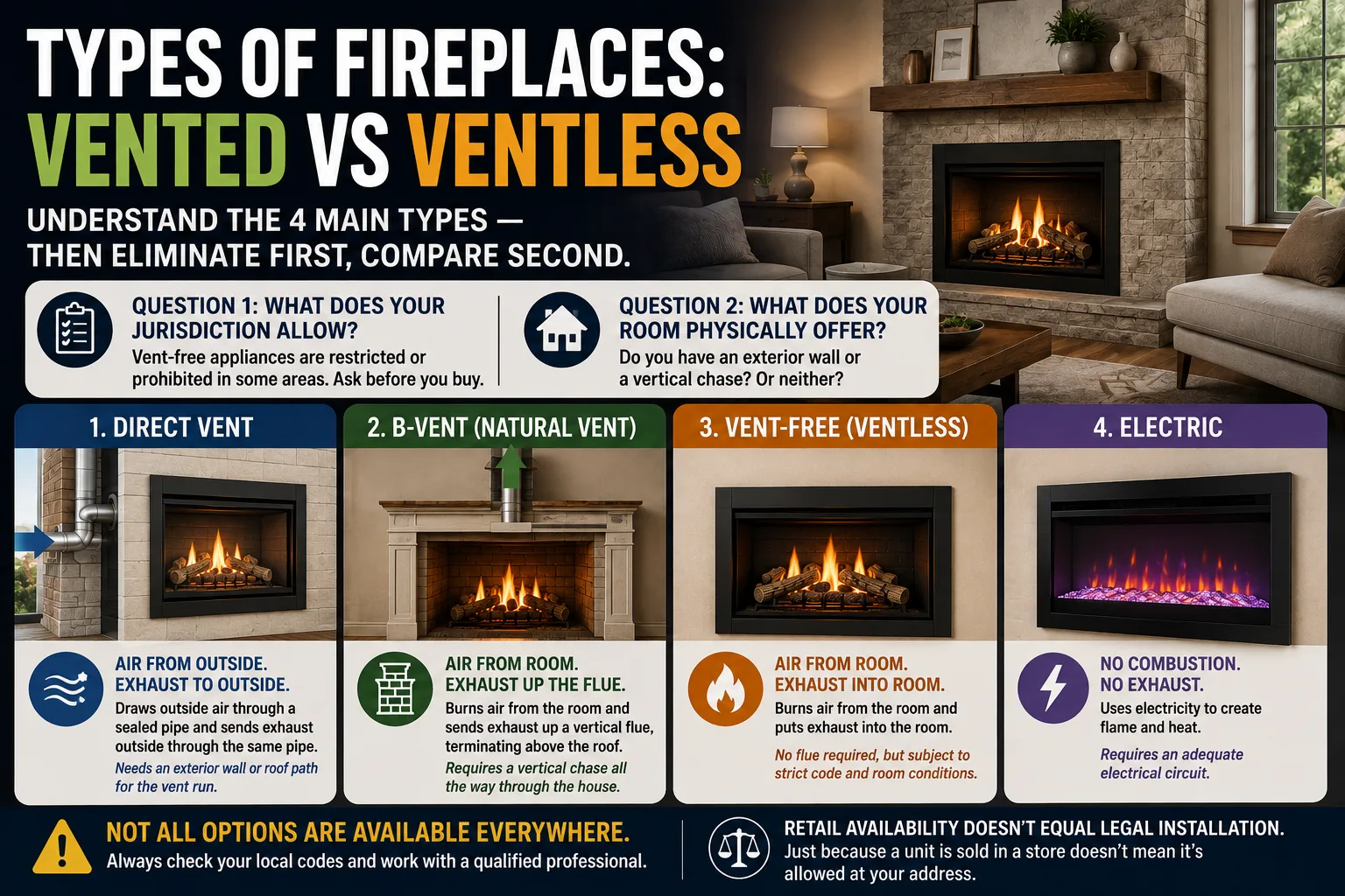 Comparison of direct vent, B-vent, vent-free, and electric fireplaces