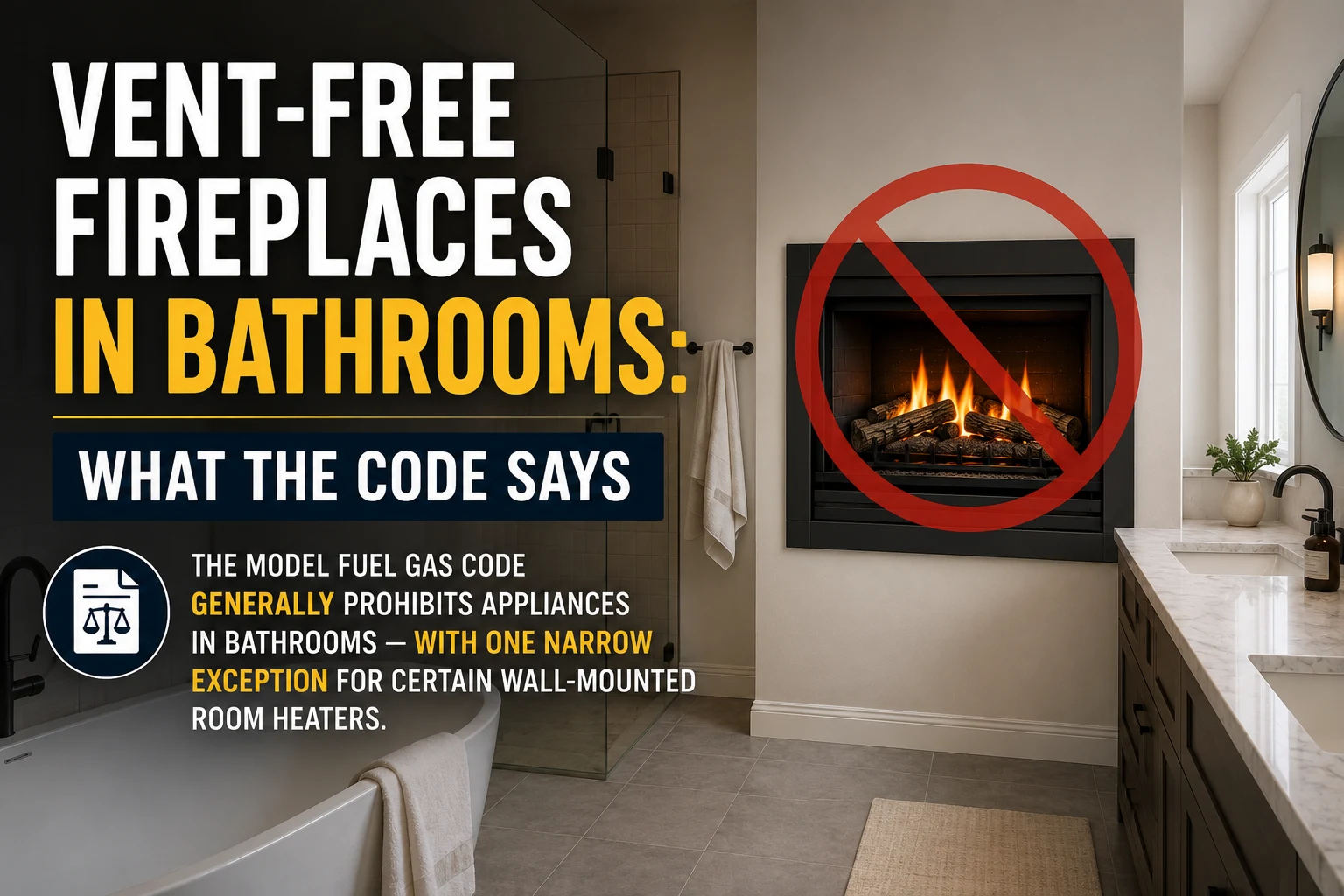 Vent-free fireplace in a bathroom with a warning about code restrictions