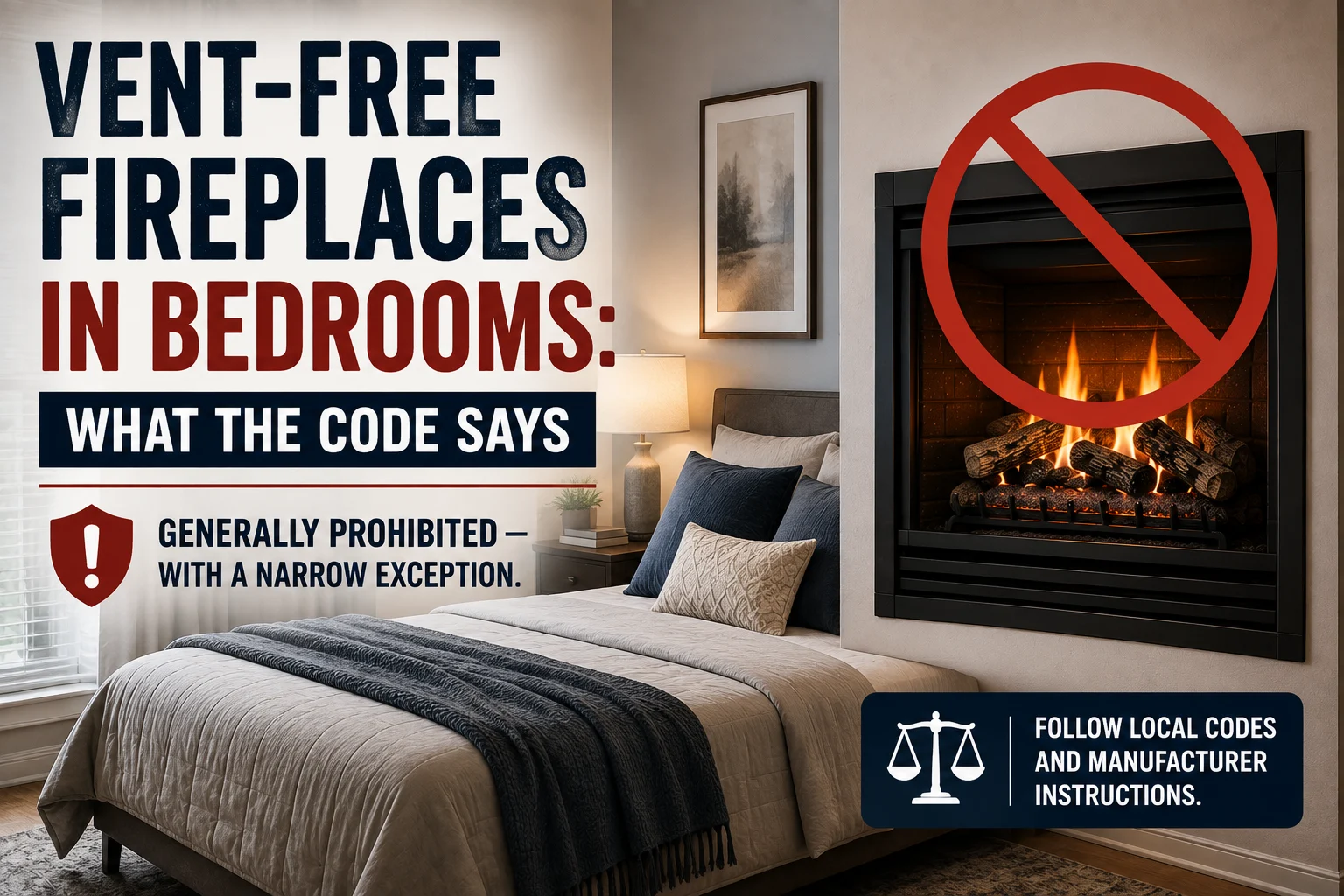 Vent-free fireplace in a bedroom with a warning about code restrictions
