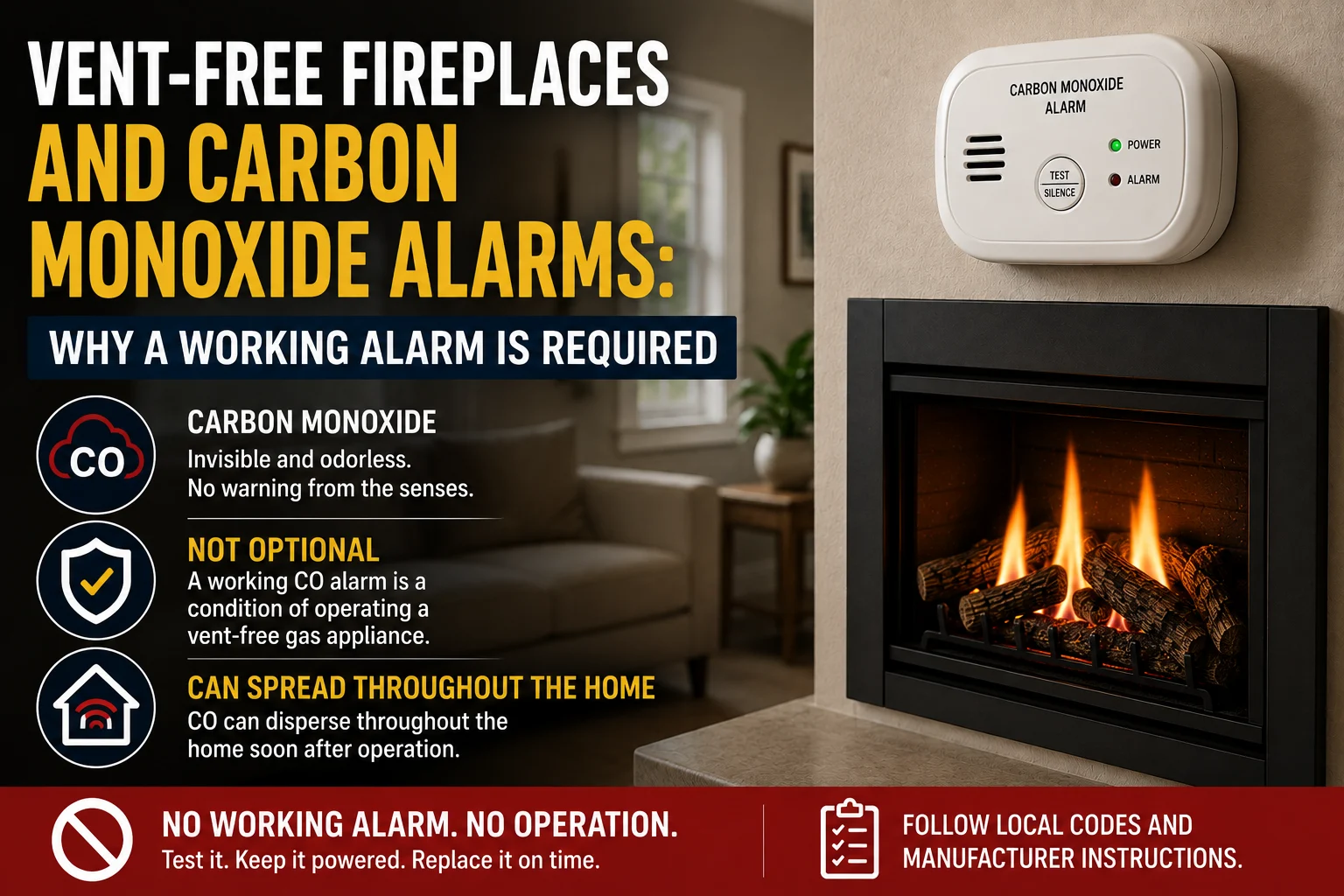 Vent-free fireplace with a working carbon monoxide alarm
