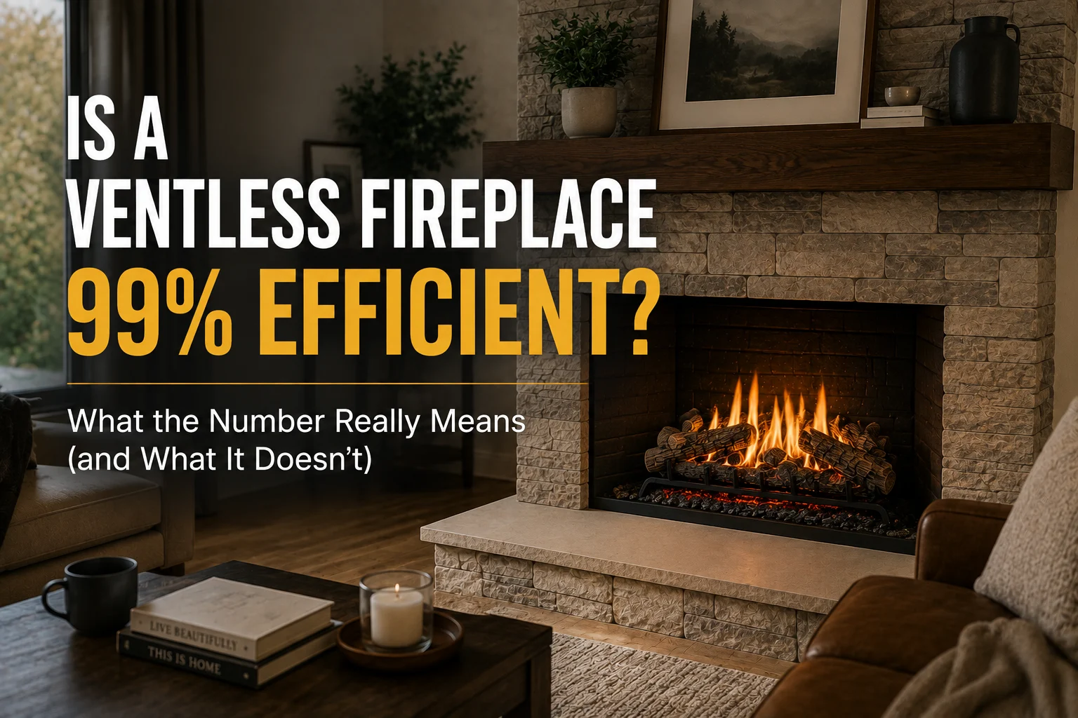 Ventless gas fireplace illustrating the 99 percent efficiency claim