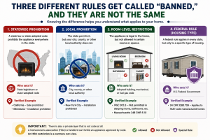 Infographic explaining the four types of ventless fireplace restrictions: statewide prohibition, local prohibition, room-level restriction, and federal housing rules.