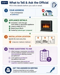 Infographic showing what to tell and ask a building official about a ventless fireplace, including the property address, appliance details, installation room, code edition, local amendments, permit, and inspection questions.