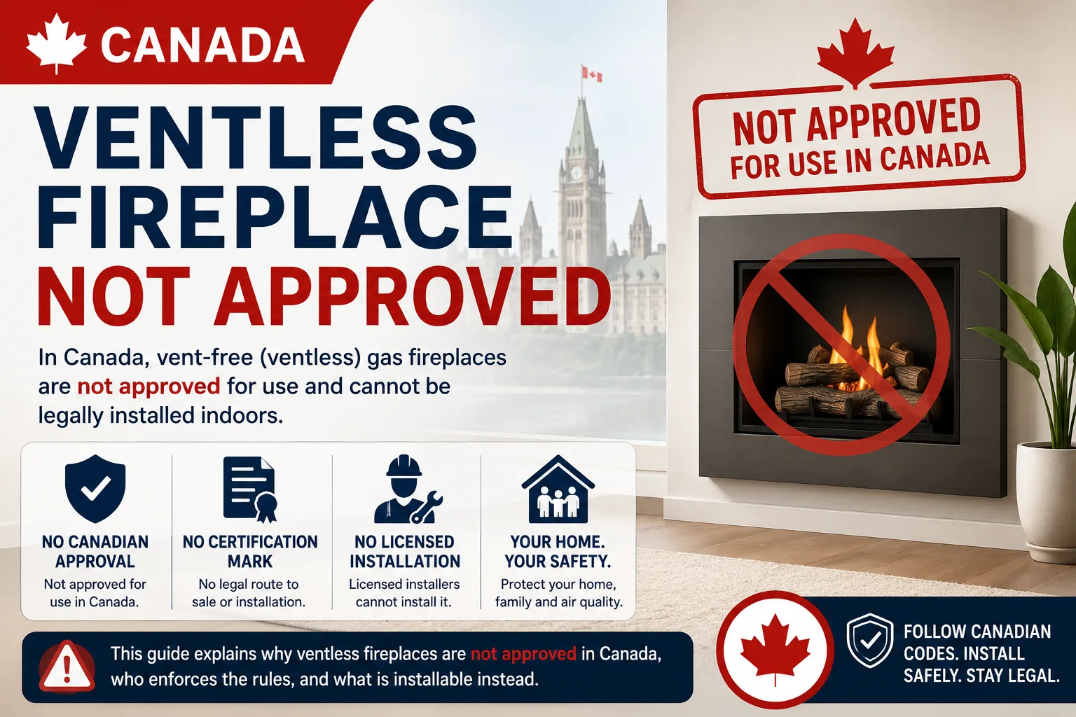 Featured infographic explaining that vent-free (ventless) gas fireplaces are not approved for indoor use in Canada, highlighting the absence of Canadian approval, certification, and a lawful installation pathway under provincial gas safety regulations.