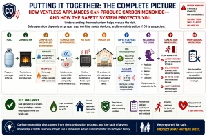 Summary infographic explaining how carbon monoxide can form in a ventless gas appliance, how combustion by-products remain indoors without a flue, how Oxygen Depletion Sensors (ODS) and carbon monoxide alarms provide different safety functions, and the importance of recognizing symptoms and taking immediate action.