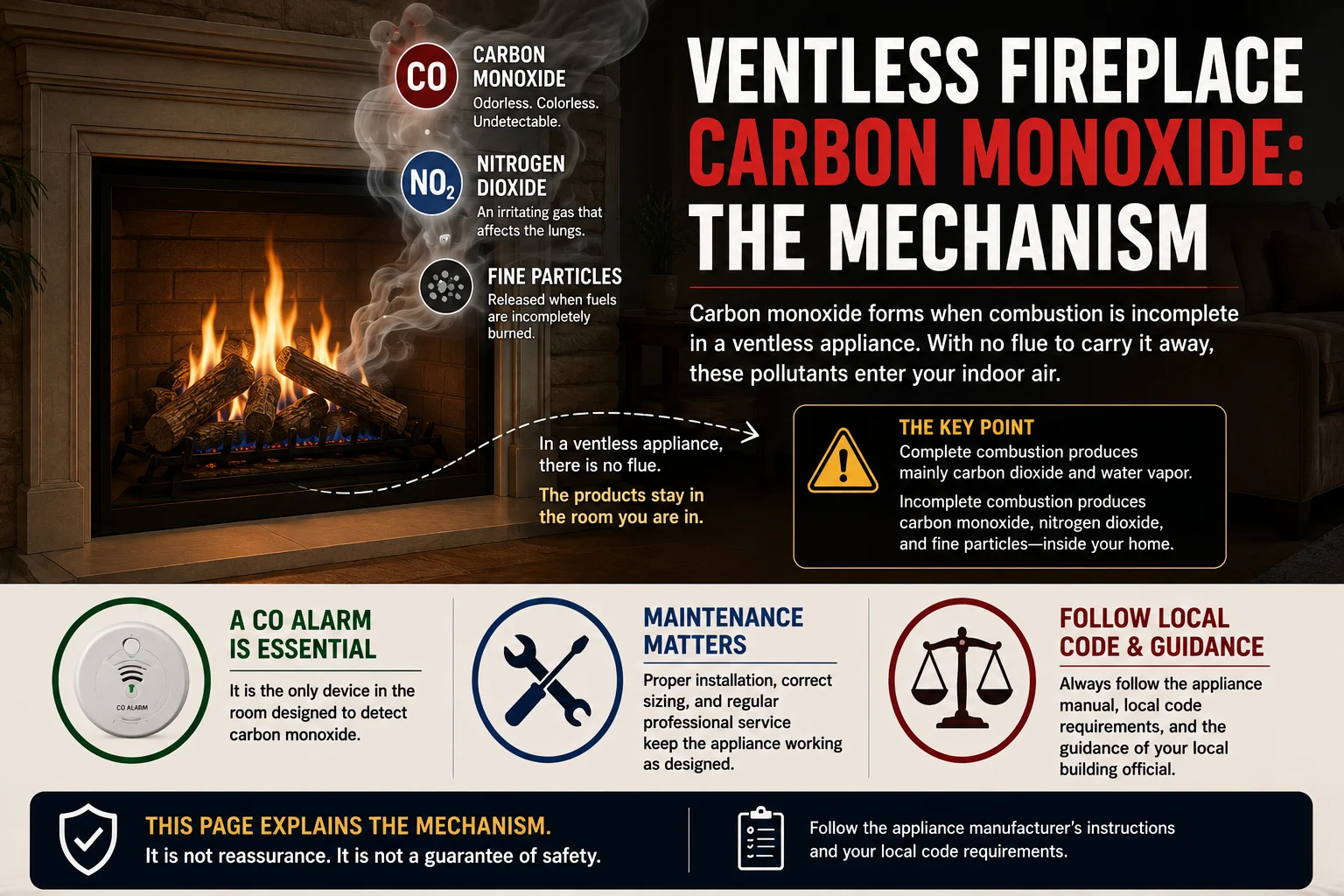 Feature infographic explaining how carbon monoxide can form in a ventless gas fireplace when combustion is incomplete. The illustration highlights carbon monoxide, nitrogen dioxide, and fine particles remaining in the indoor air because a ventless appliance has no flue, while emphasizing carbon monoxide alarms, proper maintenance, and local code compliance.