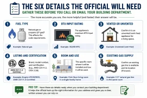 Checklist infographic showing the six details a building official will need before answering ventless fireplace code questions, including fuel type, BTU input rating, vented or unvented design, listing and certification, installation room, and existing gas supply.