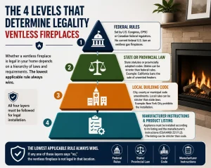 Infographic explaining the four legal layers that determine whether a ventless fireplace is legal: federal rules, state or provincial law, local building codes, and manufacturer installation instructions.