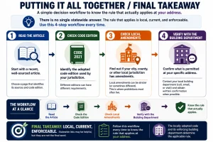 Decision workflow infographic showing how to determine the correct ventless fireplace rule by reading a current article, identifying the adopted code edition, checking local amendments, and confirming requirements with the local building department.