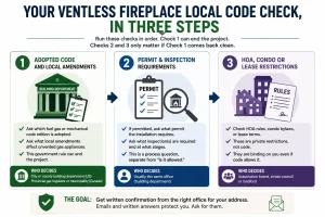 Three-step infographic explaining how to perform a ventless fireplace local code check by verifying adopted codes and local amendments, confirming permit and inspection requirements, and reviewing HOA, condominium, or lease restrictions before installation.