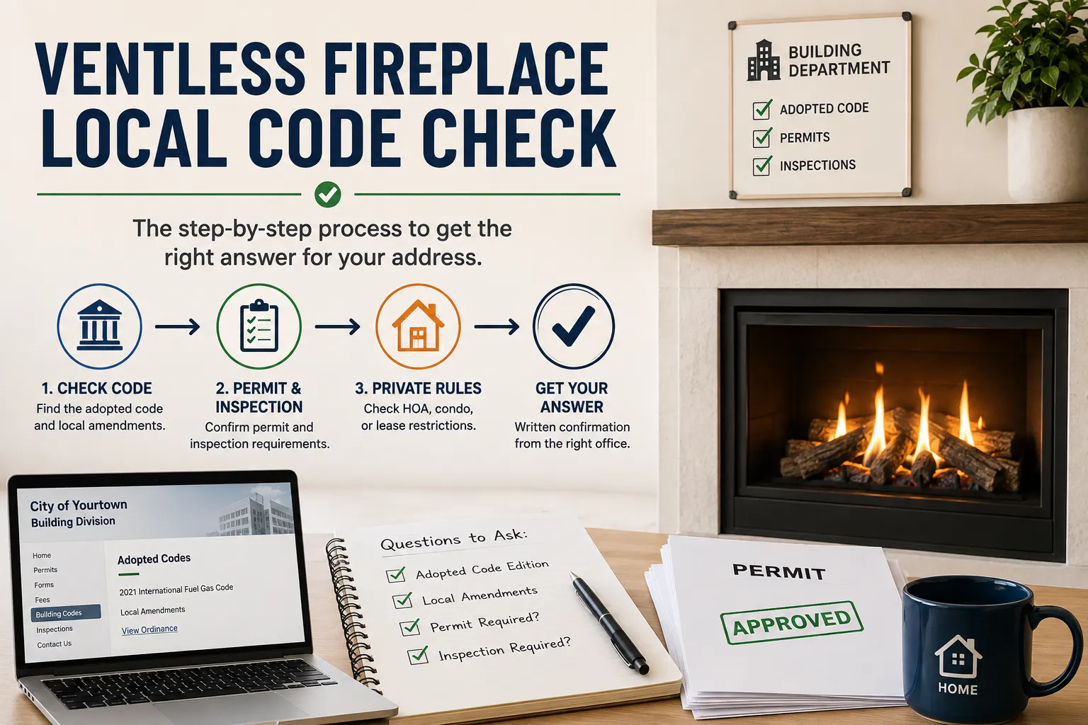 Featured infographic illustrating the process of a ventless fireplace local code check, including building department verification, adopted building codes, permit and inspection requirements, private HOA or lease restrictions, and obtaining written confirmation before installation.