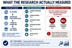 Infographic summarizing research on unvented gas fireplaces in 30 homes, including measured CO, CO₂, NOx, NO₂, oxygen depletion, water vapor, and the reported CO and NO₂ exceedances.
