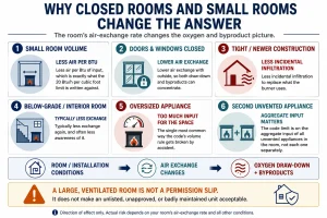 Infographic showing six room and installation conditions that can change the oxygen and byproduct picture for a vent-free fireplace, including room volume, closed doors and windows, tight construction, below-grade rooms, oversized appliances, and multiple unvented appliances.