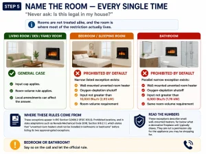 Infographic comparing ventless fireplace room rules for living rooms, bedrooms, and bathrooms, including the narrow bedroom and bathroom exceptions and their input limits.
