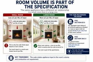 Infographic showing how room volume relates to ventless fireplace appliance input, including the 20 Btu/h per cubic foot limit and the 50 cubic feet per 1,000 Btu/h indoor combustion-air requirement.