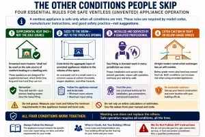 Educational infographic explaining four essential safety conditions for operating a ventless gas appliance: use it only as supplemental heat, size the appliance to the room, have it installed and serviced by a qualified professional, and use extra caution in airtight or below-grade homes.